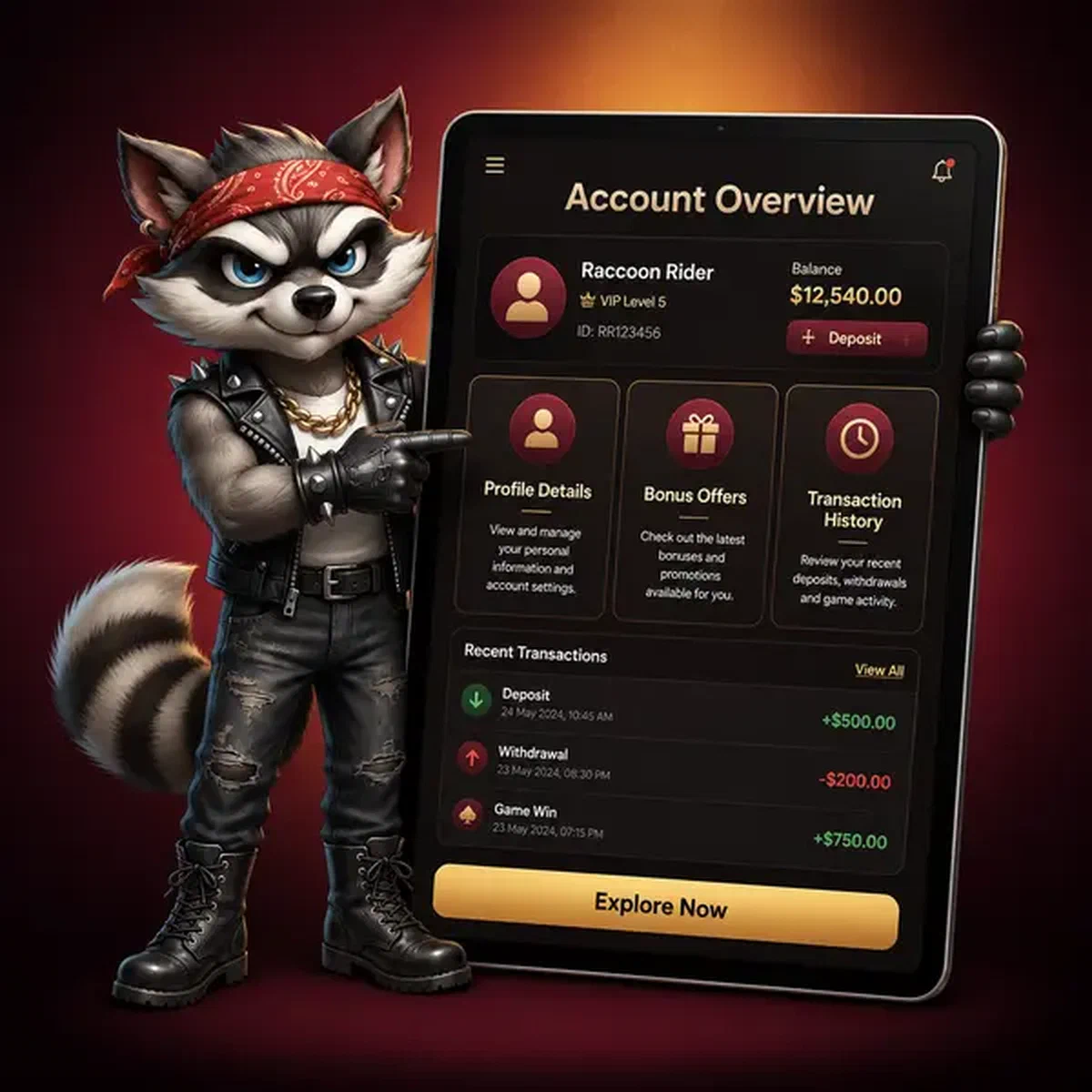 Mapache antropomórfico presentando con confianza el panel de cuenta en tablet en el portal de inicio de sesión del Casino Rocky Spin