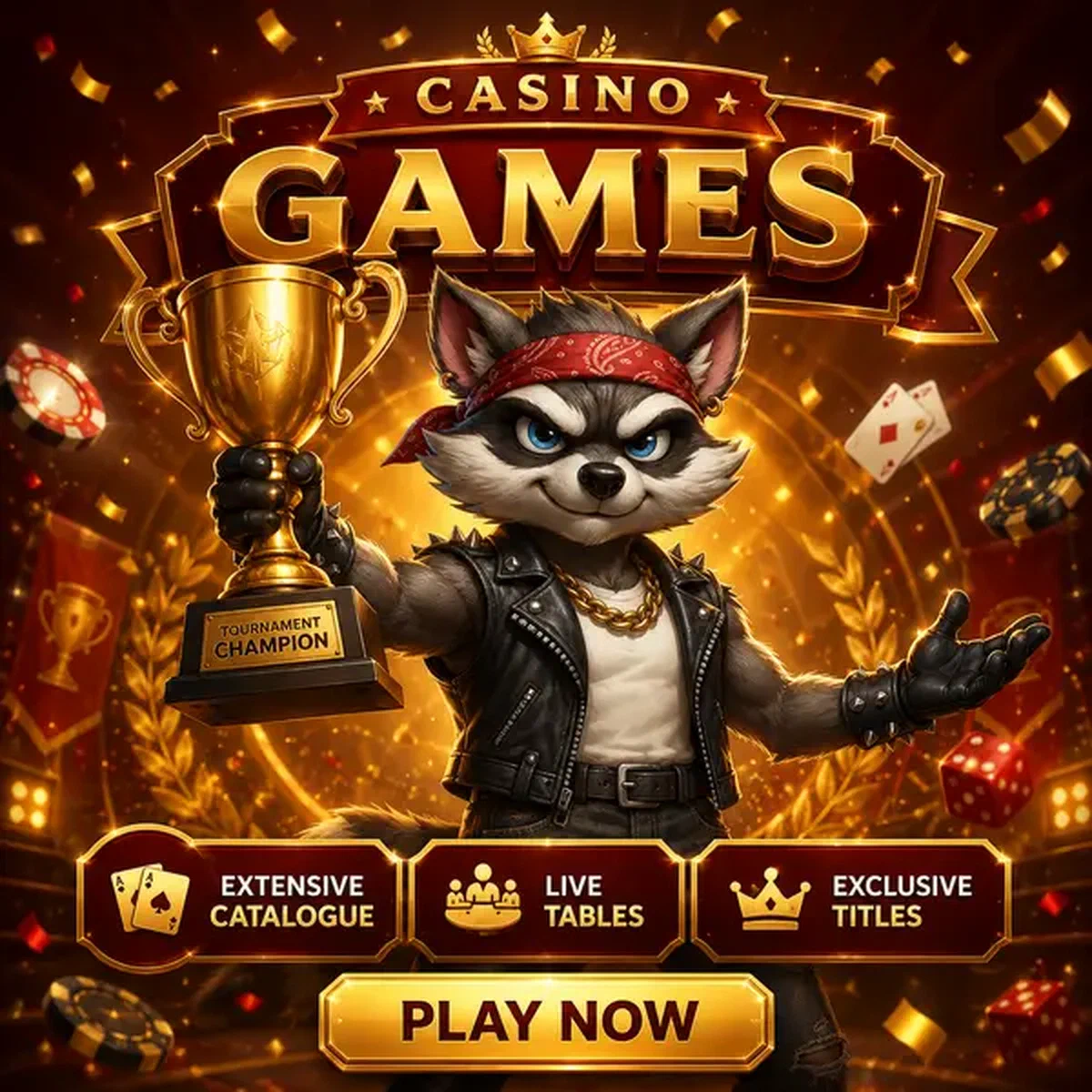 Mapache campeón triunfante mostrando trofeo de Juegos de Rocky Spin Casino y catálogo extenso