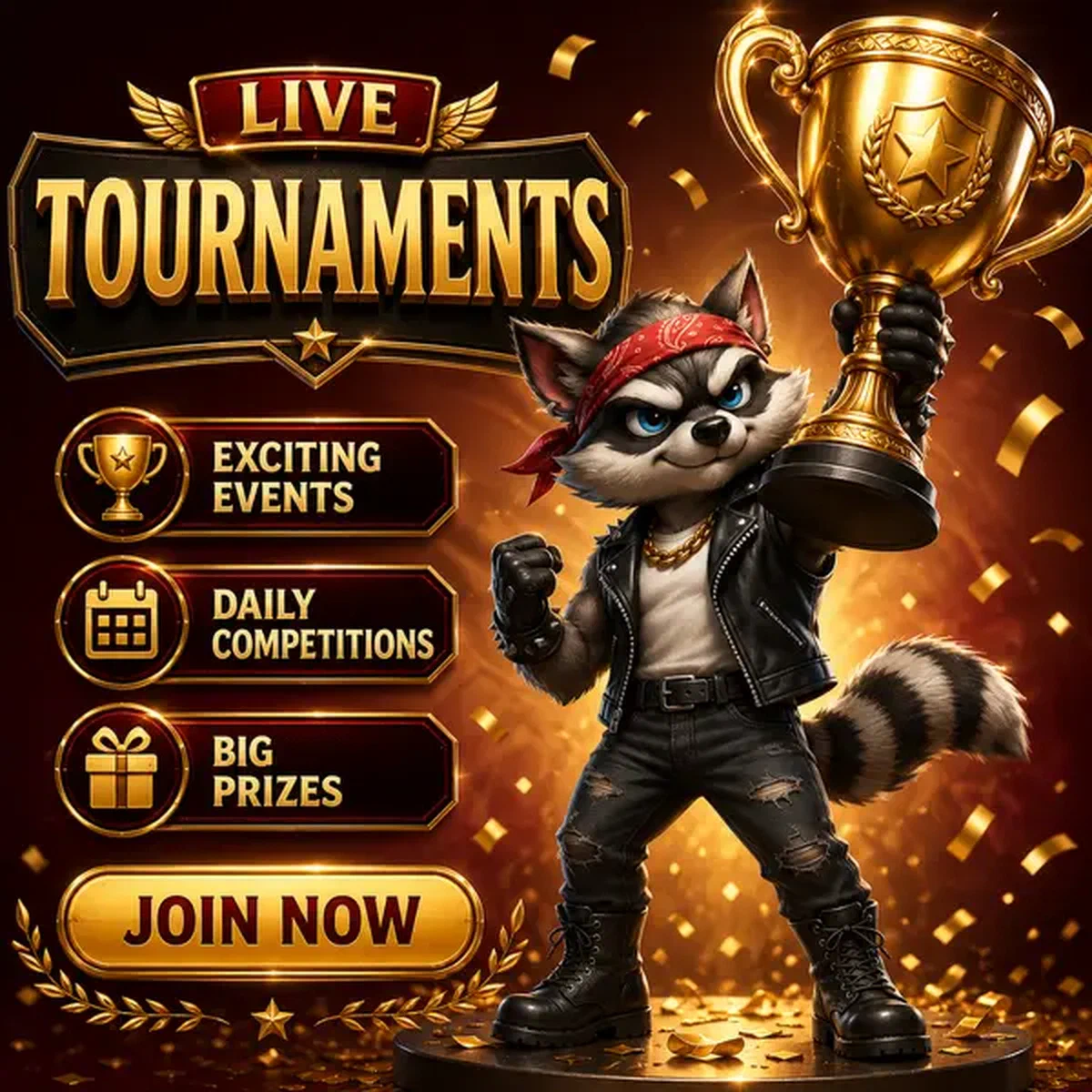 Mapache antropomórfico sosteniendo trofeo dorado en los torneos del casino en vivo Rocky Spin