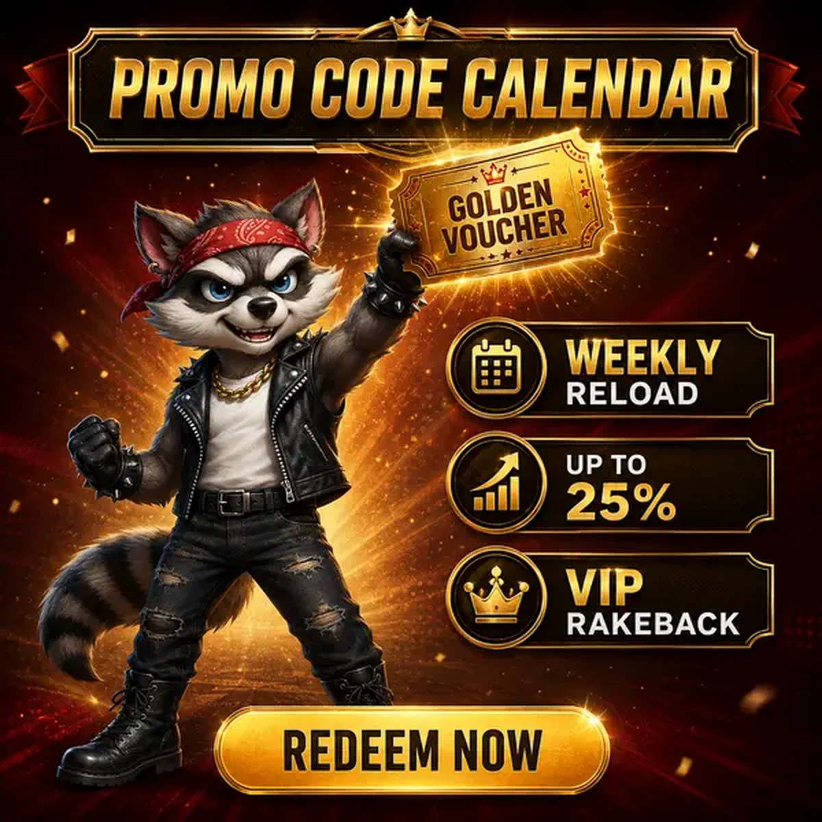 Mapache antropomórfico sosteniendo triunfalmente un vale de código promocional dorado en Rocky Spin