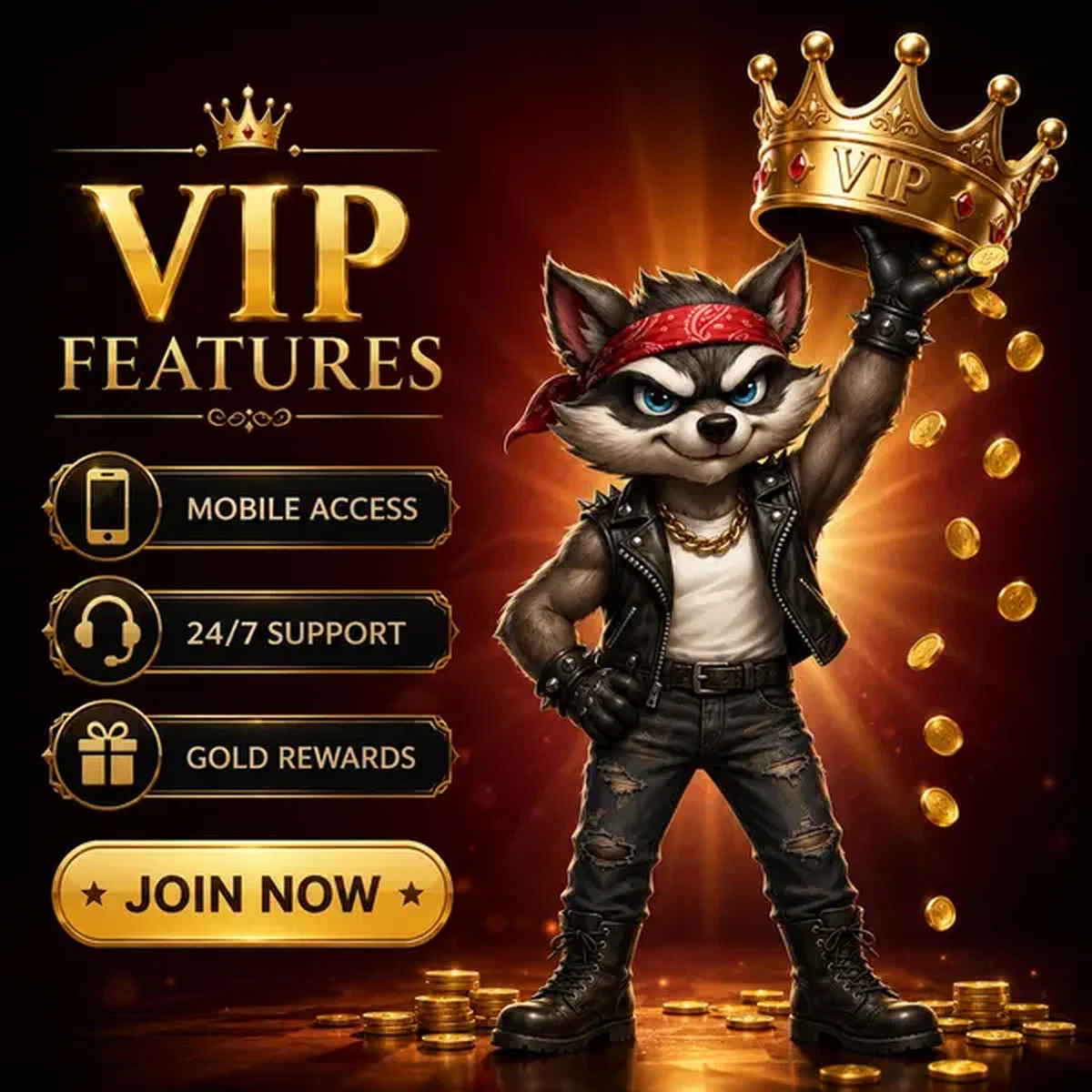 El mapache campeón sostiene con orgullo la corona VIP dorada en el portal de la app móvil de Rocky Spin