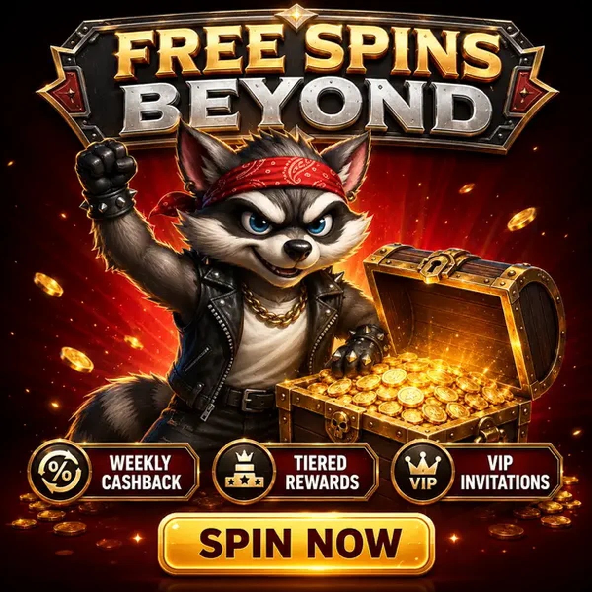 Mapache antropomórfico campeón abriendo cofre del tesoro rebosante de giros gratis en Rocky Spin