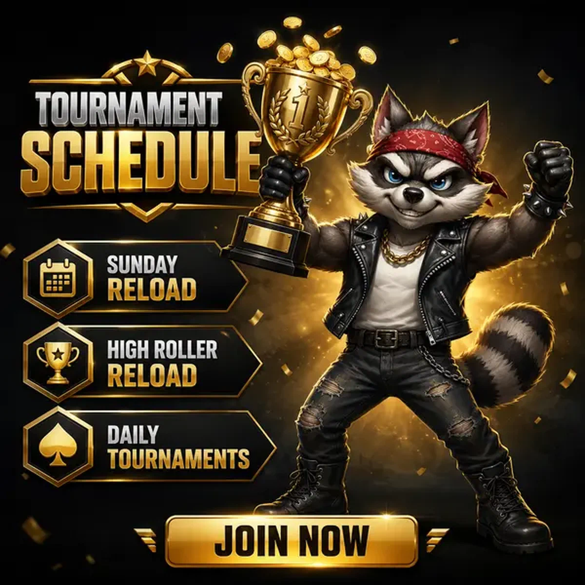 Mapache antropomórfico campeón sosteniendo trofeo dorado en el portal de registro del Calendario de Recarga Recurrente y Programa de Torneos