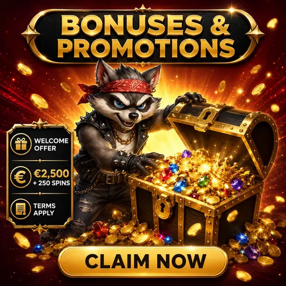 Mapache competitivo desbloqueando cofre del tesoro lleno de monedas y gemas de bonos de Rocky Spin