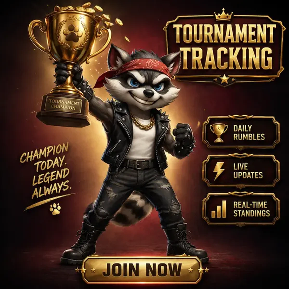 Mapache antropomórfico campeón sosteniendo trofeo dorado celebrando victoria de torneo en la app móvil de Participación en Torneos y Seguimiento de Clasificación
