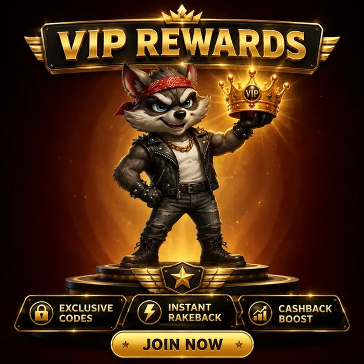 Mapache campeón confiado sosteniendo corona dorada en podio con pantalla de códigos promocionales VIP Exclusivos Rocky Spin