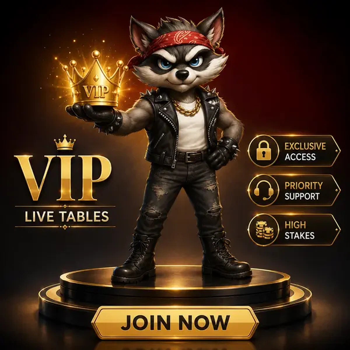 El mapache Champion presentando corona VIP dorada en mesas de casino en vivo con acceso exclusivo