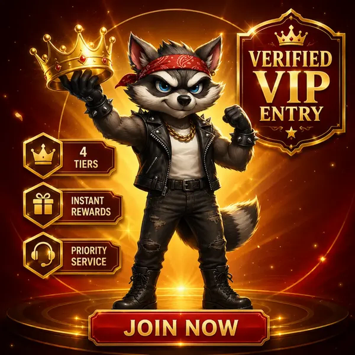 Mascota mapache VIP sosteniendo orgullosamente corona dorada después del proceso de verificación en Entrada al Programa VIP Requiere Estado Verificado
