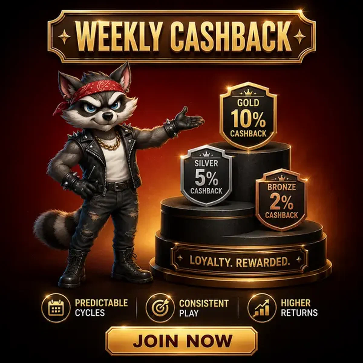 Mapache confiado presentando niveles de cashback semanal en podio con insignias doradas