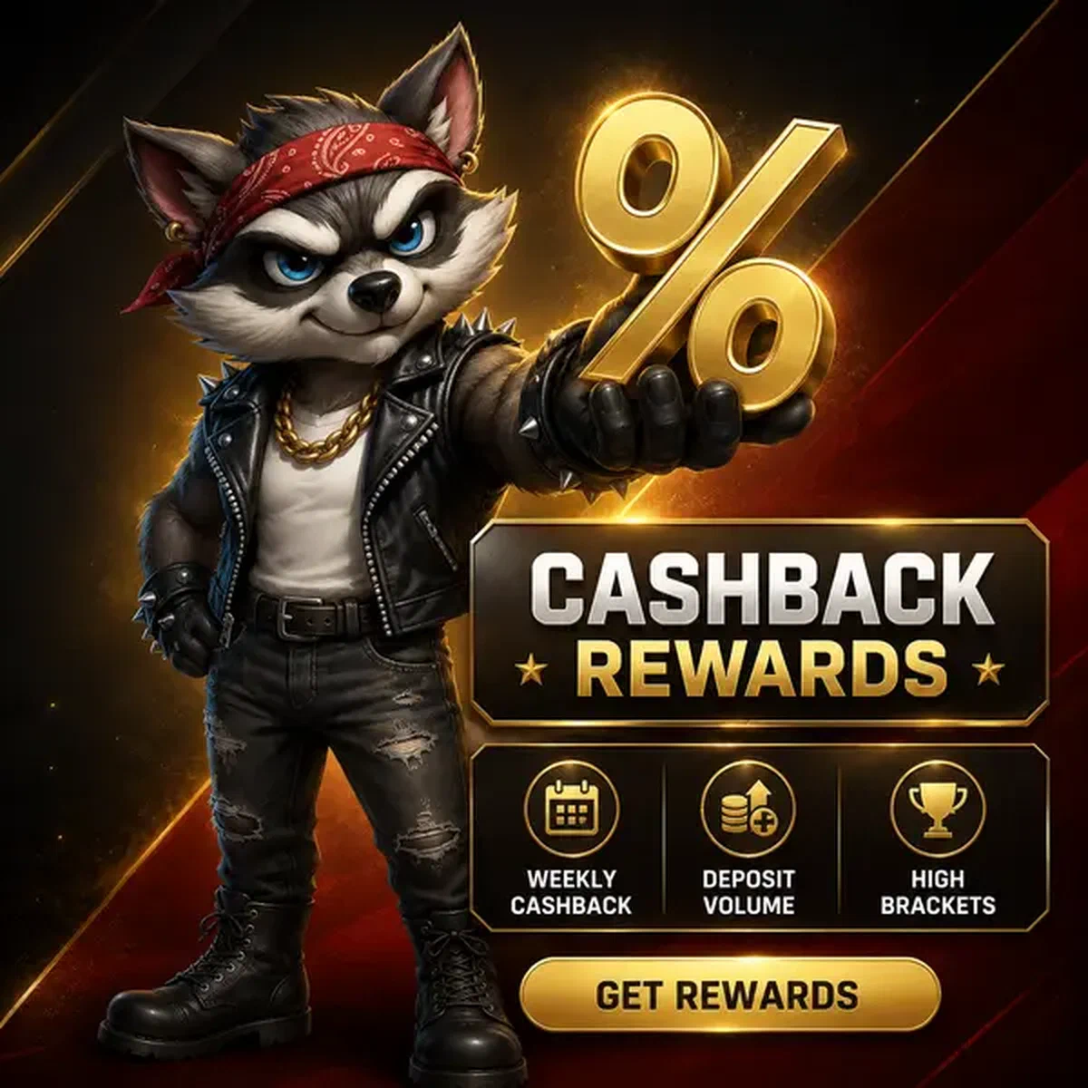 Mapache confiado presentando recompensas de cashback semanal en el portal de inicio de sesión de Recompensas de Cashback y Rakeback Semanales