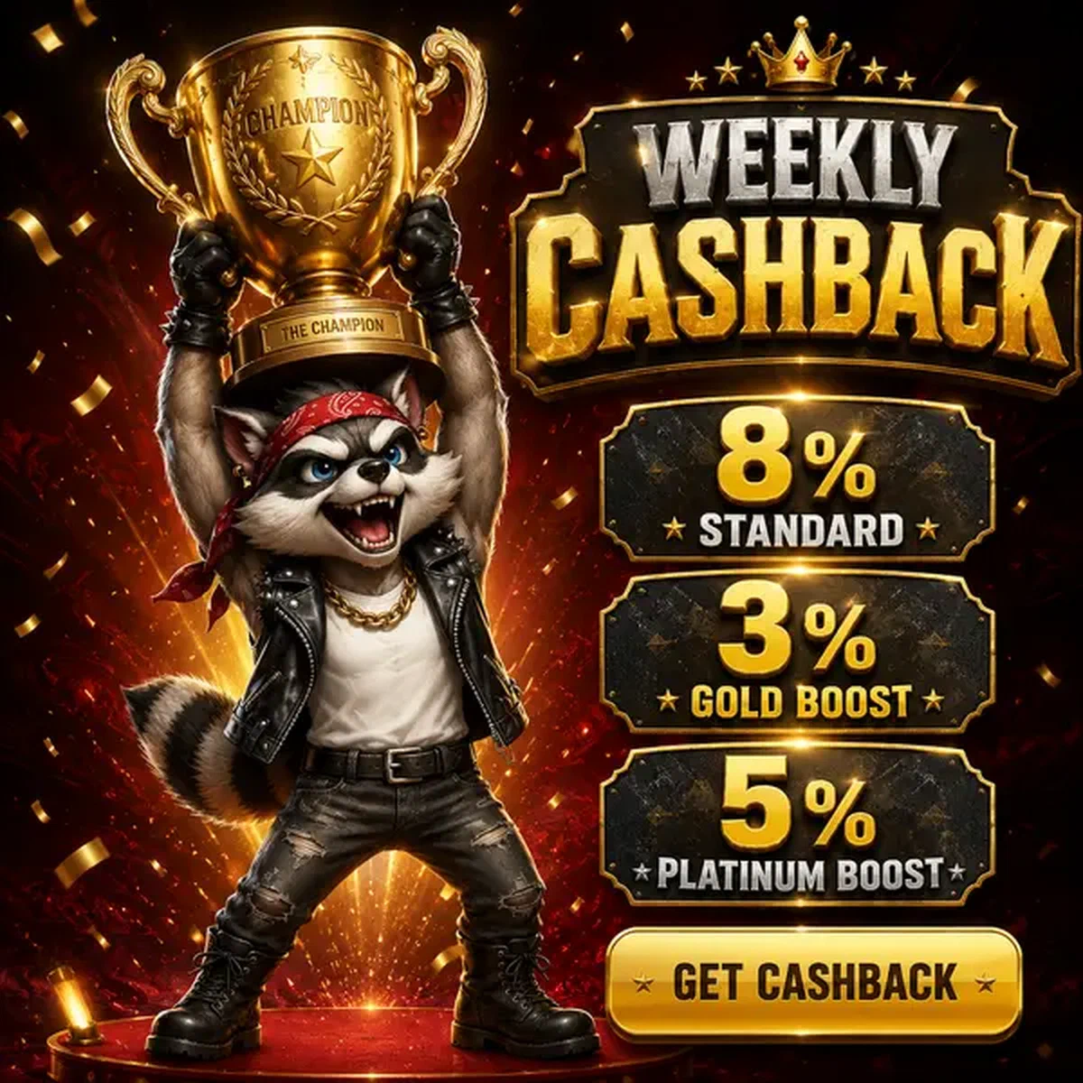 Mapache antropomórfico campeón sosteniendo trofeo en alto celebrando cashback semanal en paraíso de tragaperras