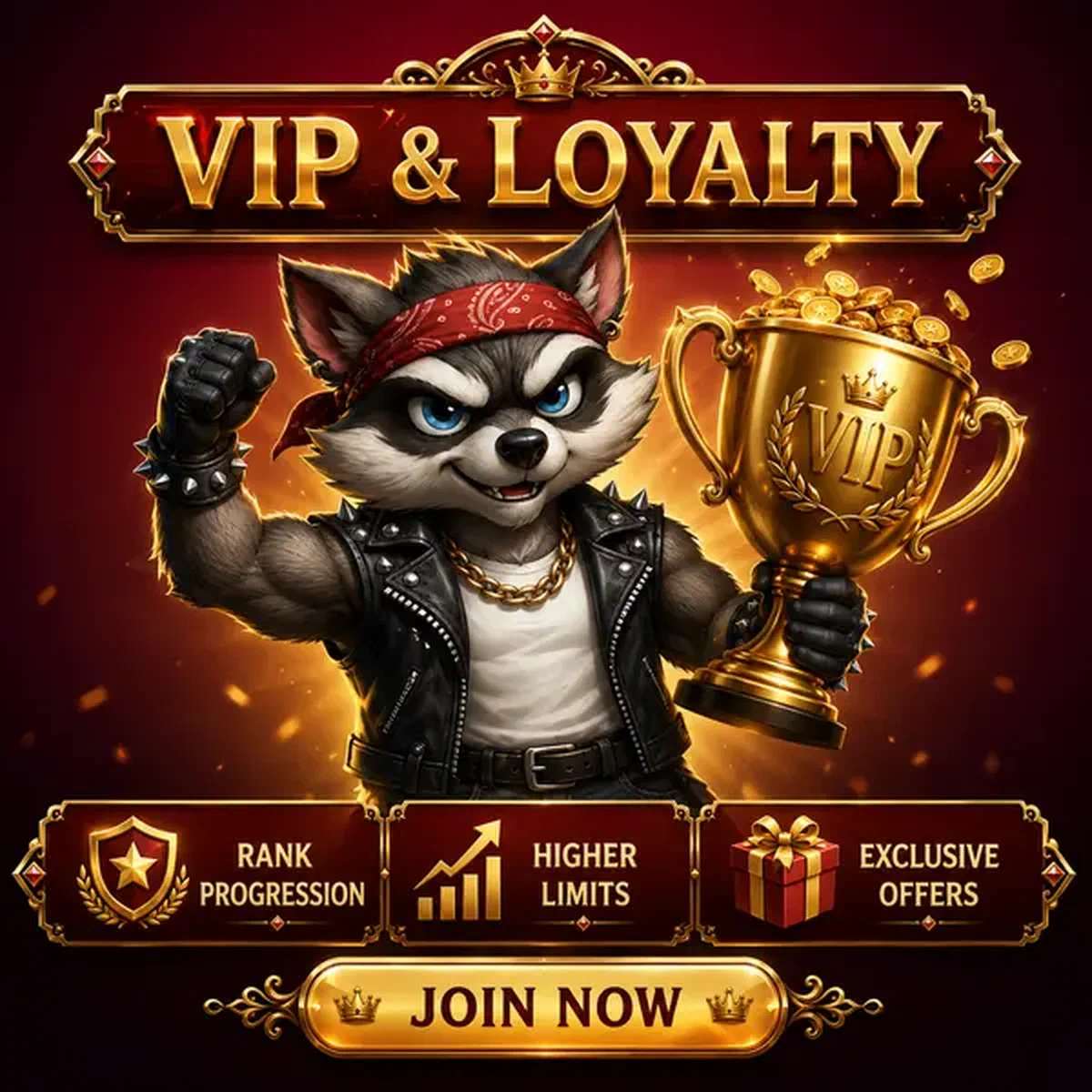 Mapache triunfante sosteniendo trofeo dorado en celebración del programa de lealtad VIP de Rocky Spin