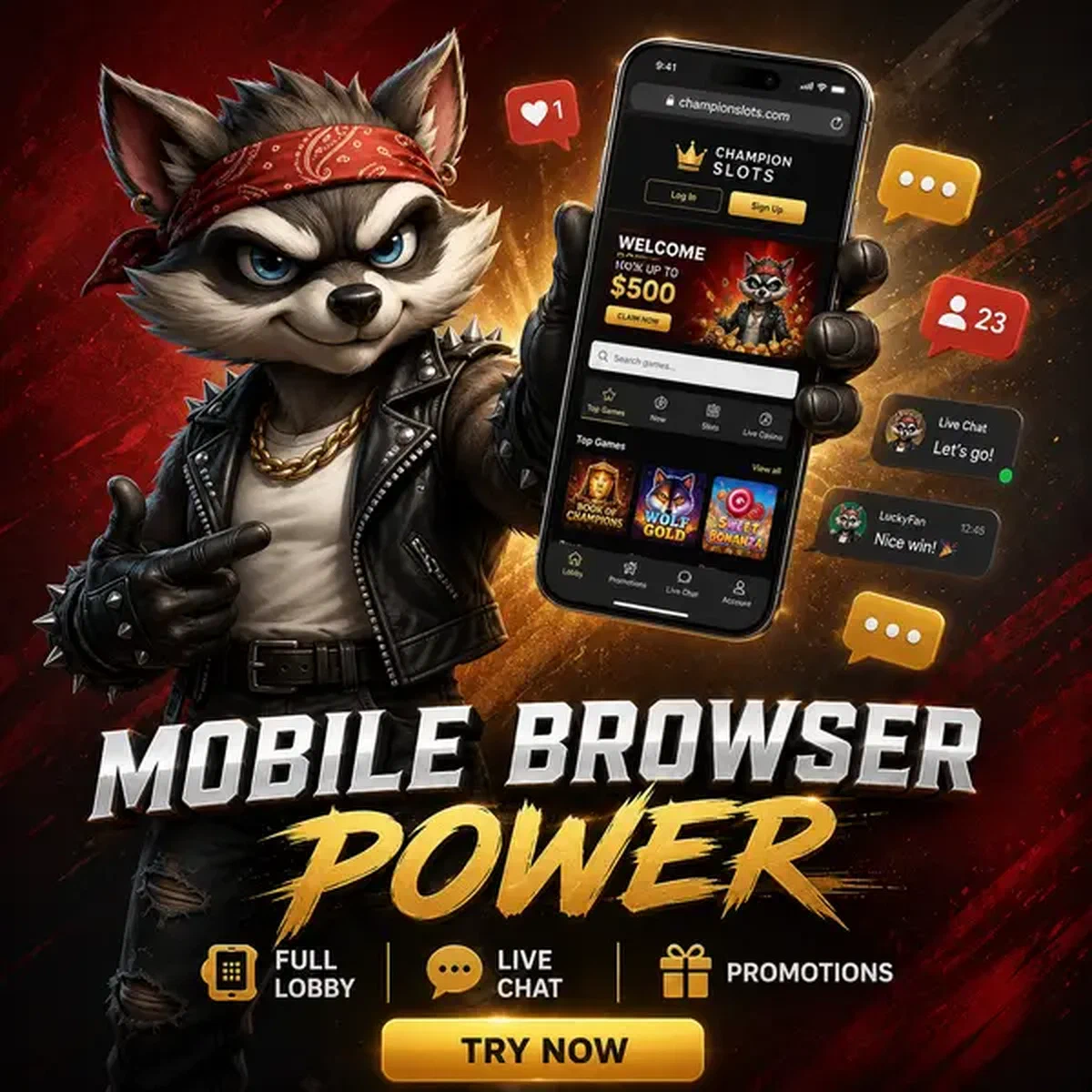 Mapache antropomórfico presentando navegador móvil de Rocky Spin con burbujas de chat en vivo flotando alrededor del smartphone